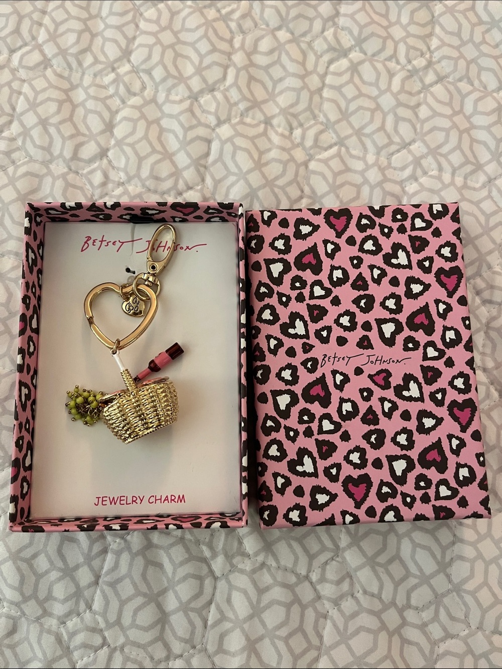 Betsey Johnson Pink Leopard Gift Boxed Picnic Basket  Bag Charm